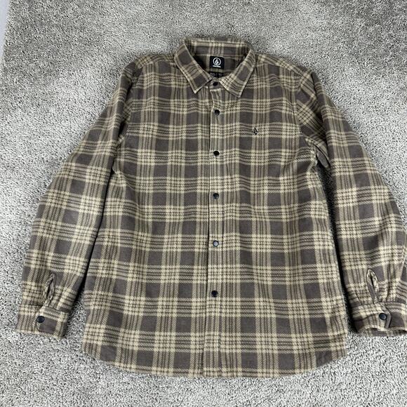 Volcom Shirt Jacket Mens XL Brown Plaid Fleece Button Up Lined Flannel Outdoor - Picture 1 of 12